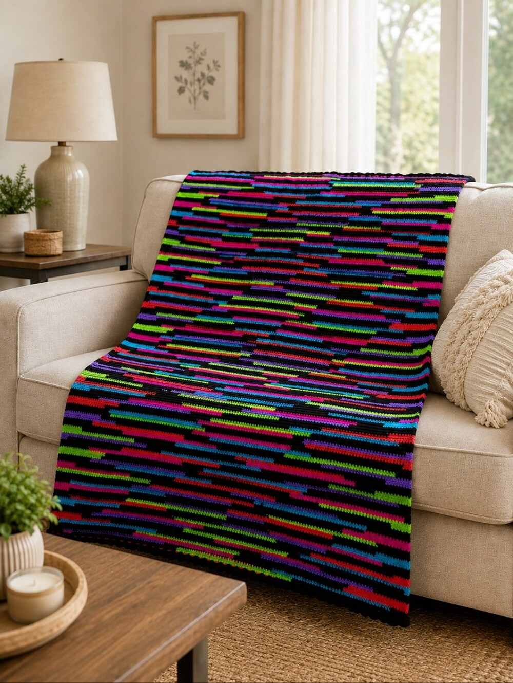 Handcrafted Crocheted Afghan Throw Neon Colored Stripe Blanket - New